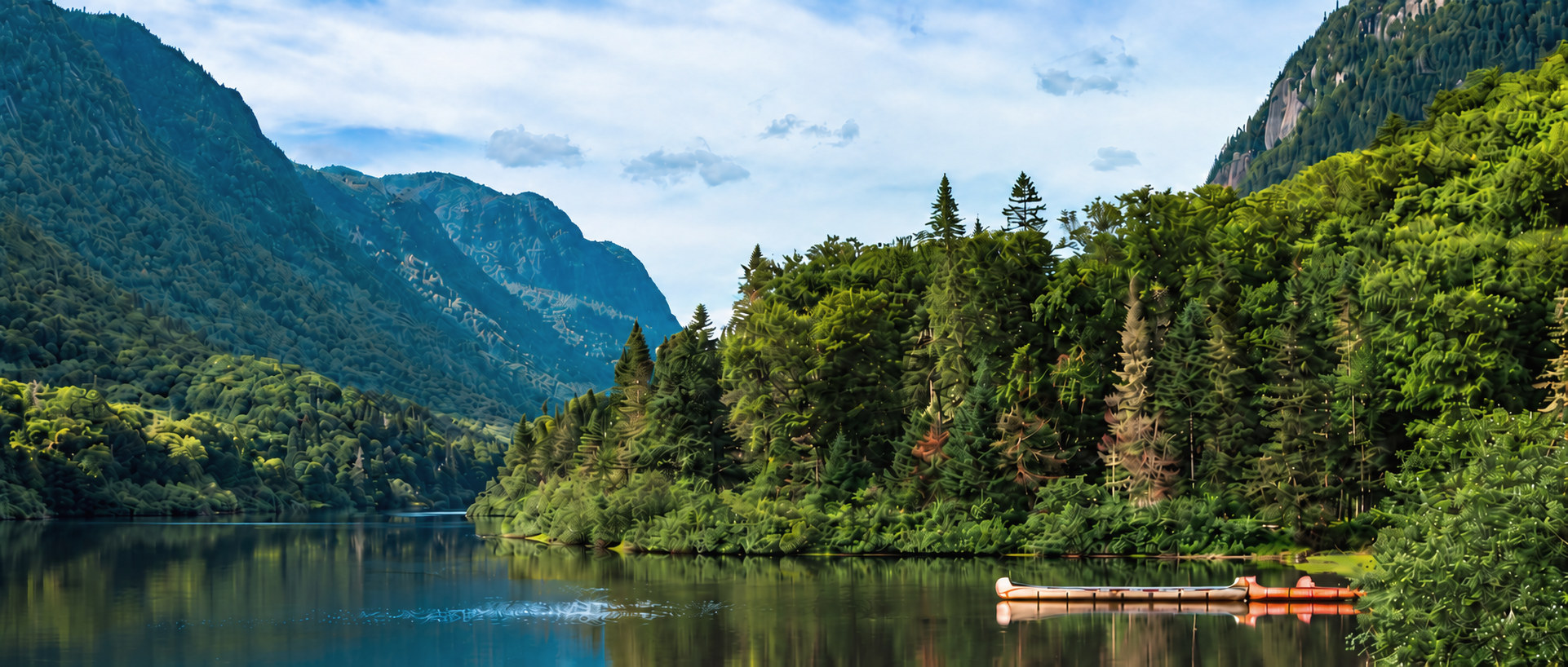 Calm lake below forested mountains with canoes moored at the far shore